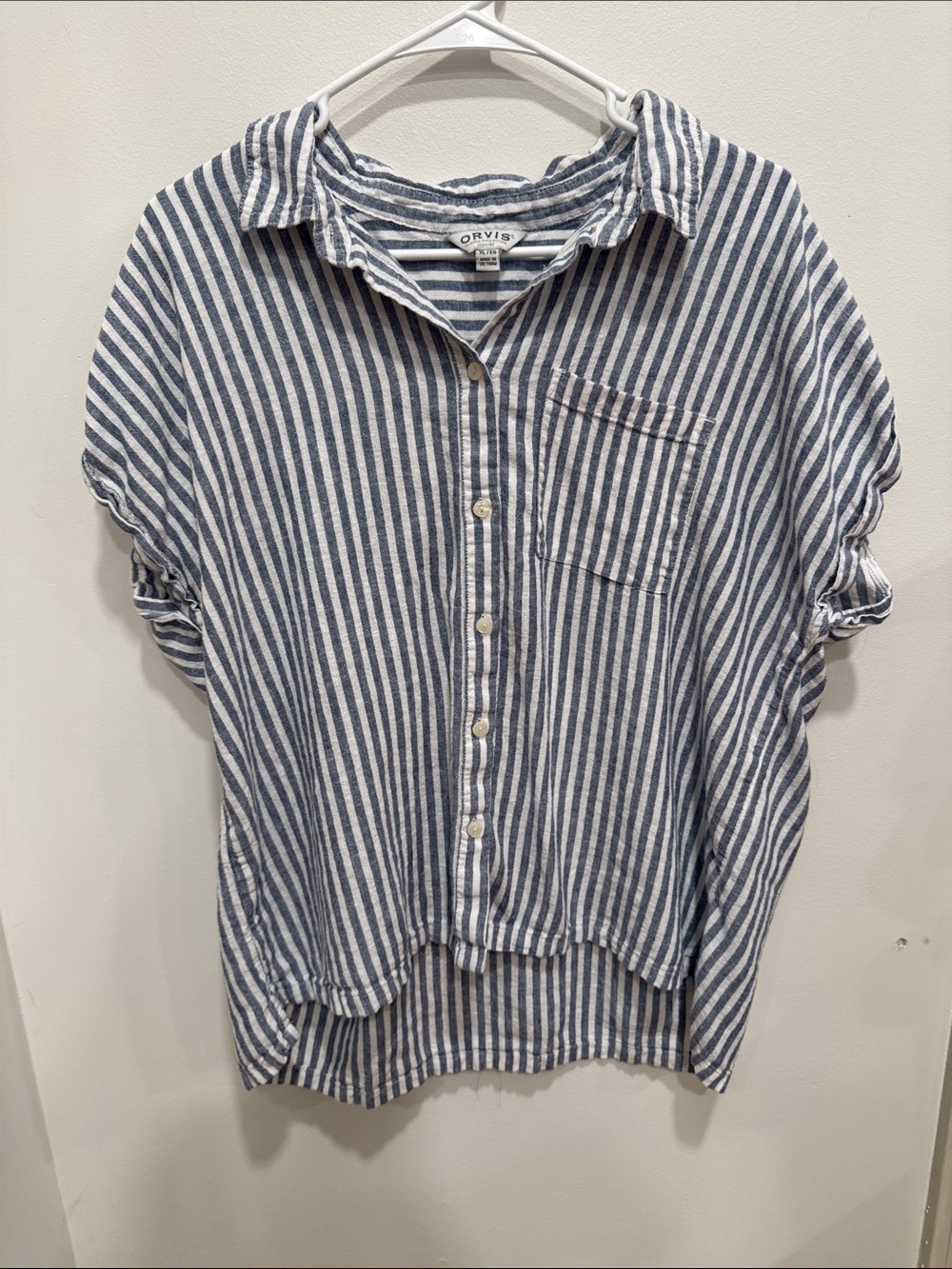 Orvis Blue White Striped Short Sleeve Button Down Top Size Xl